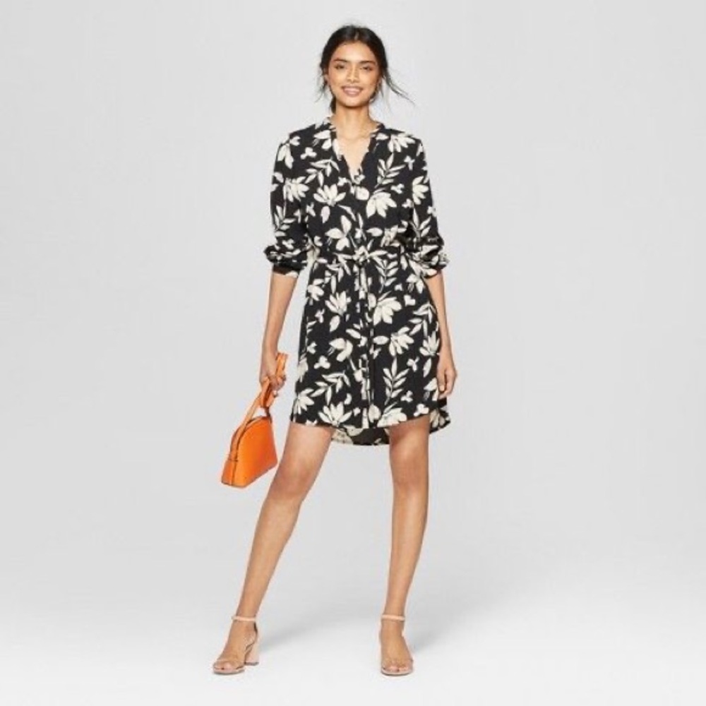 Women's Floral Print Long Sleeve Crepe Shirt Dress - A New Day Black/Cream